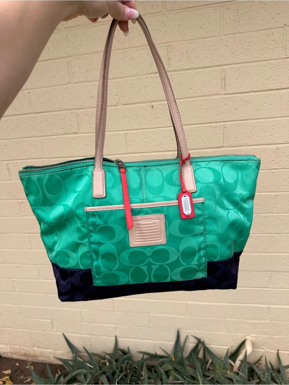 Coach Green Nylon Tote with Tan Handles and Navy Base